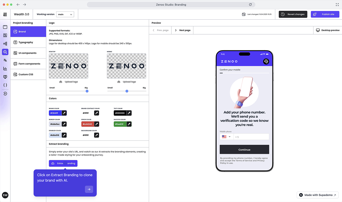 Seamless UX client experience platform showing branded onboarding portal