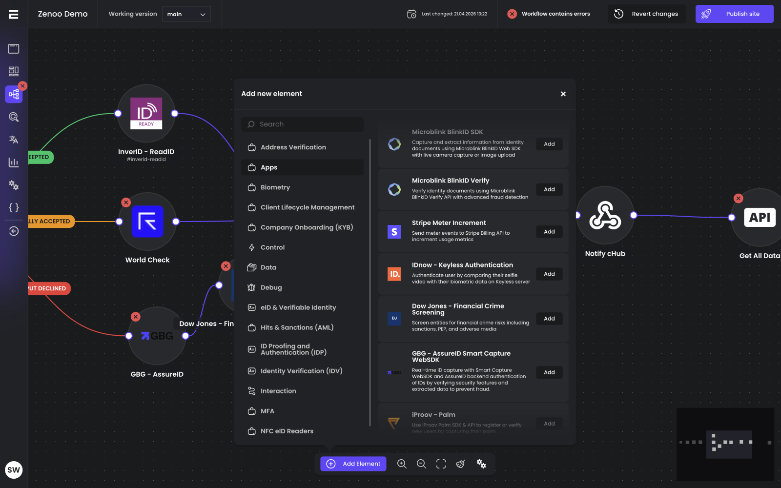 Add new element panel with categorised library of apps, biometry, screens, compliance onboarding, controls, and more