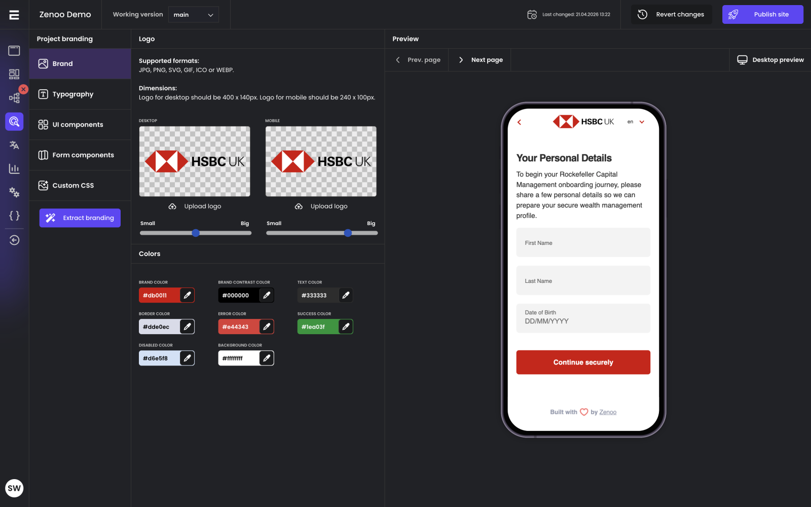 Project branding panel for HSBC UK with custom logo, colours, typography, and live mobile preview