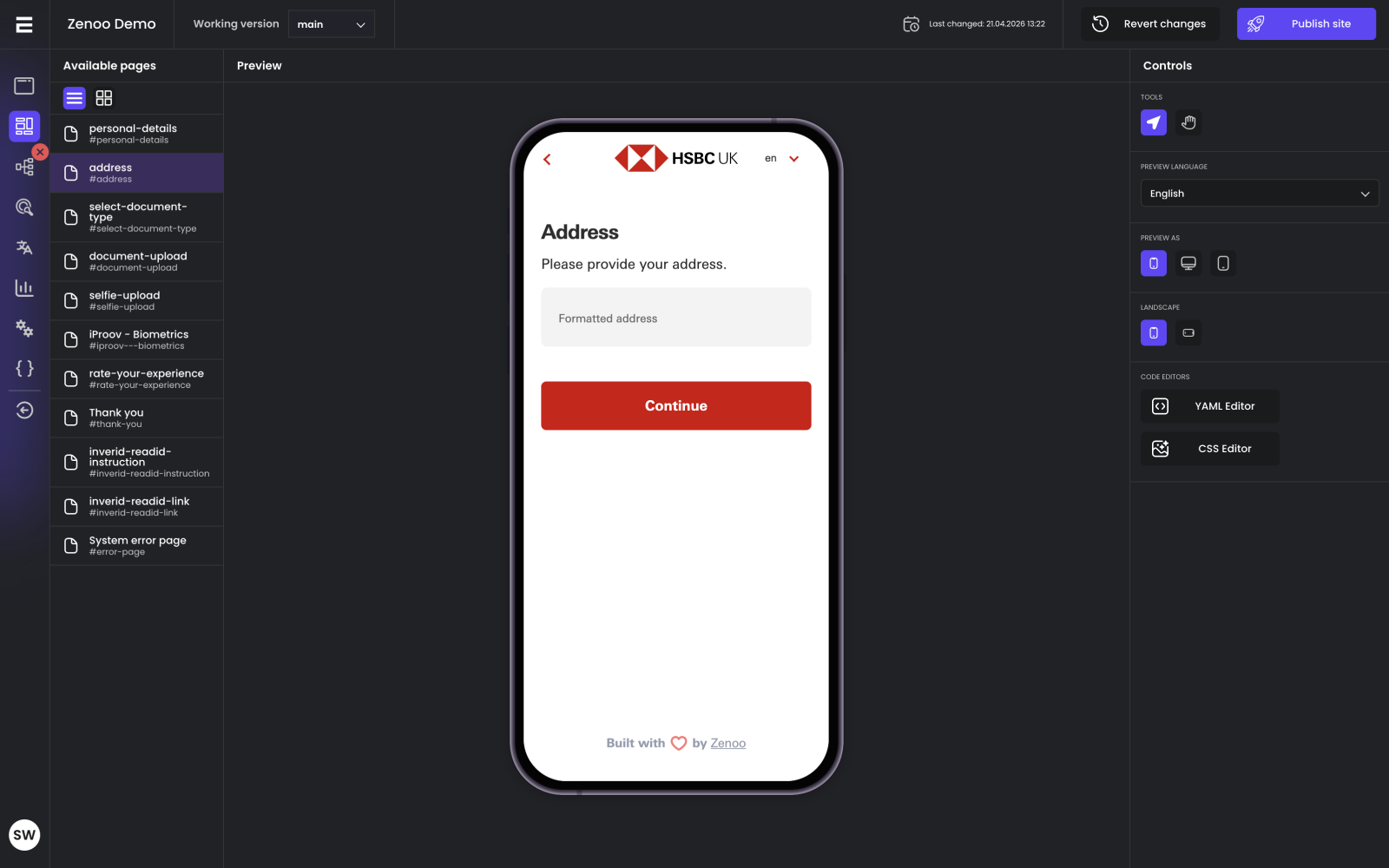Page editor with the journey screens list, drag-and-drop preview, and YAML and CSS editors